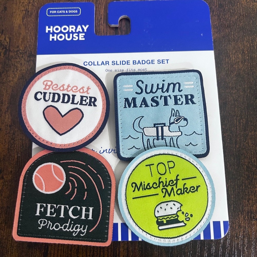 Hooray House Pet Collar Slide Badge Set 4pc Bestest Cuddler Swim Master NEW